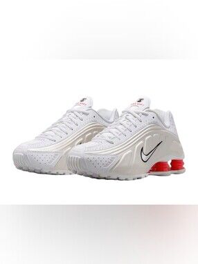 Nike Kids White Sneakers with Red Heel Shox and Black Swoosh